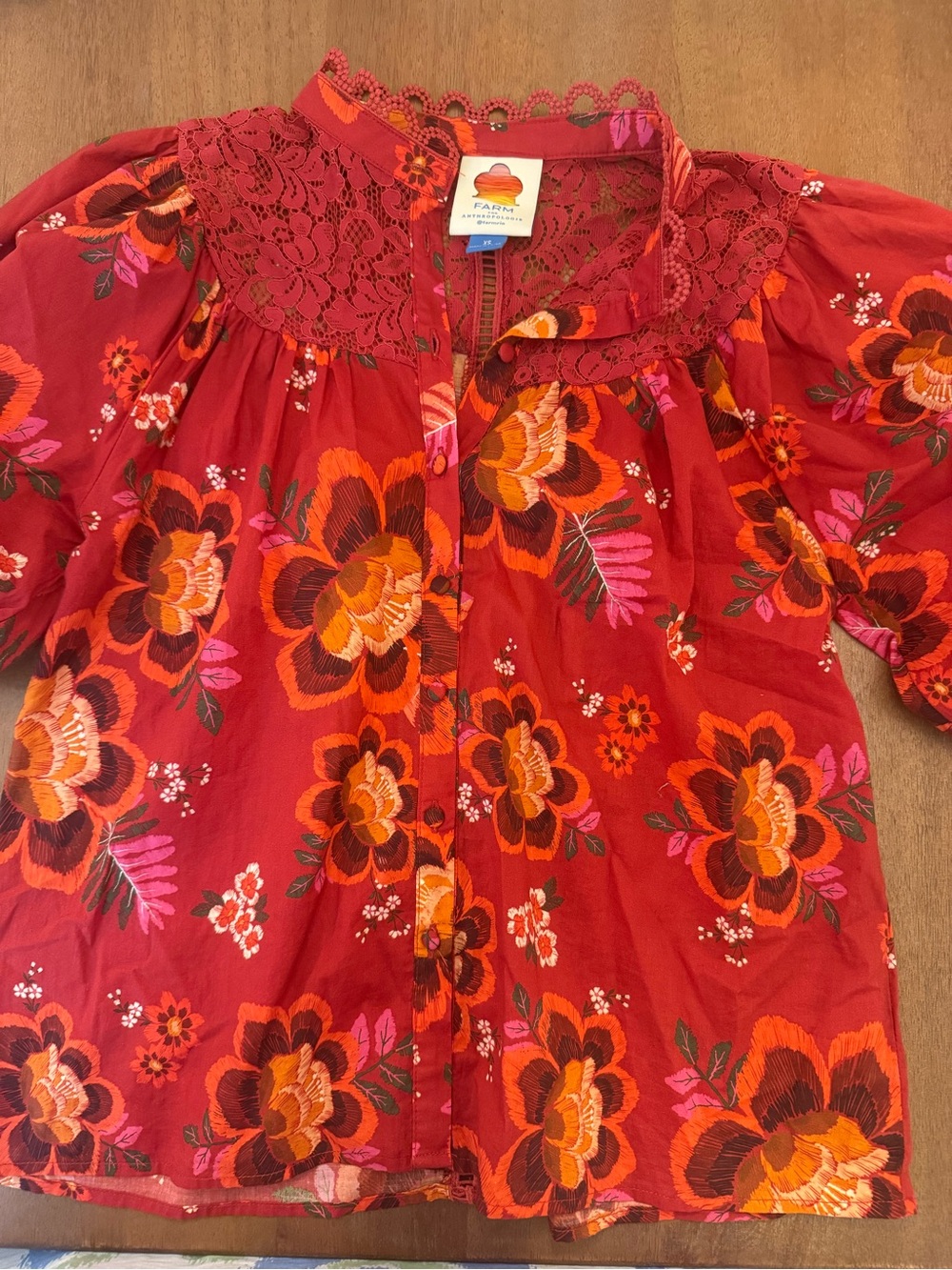 Anthropologie FARM Red Lace & Floral Zip Blouse